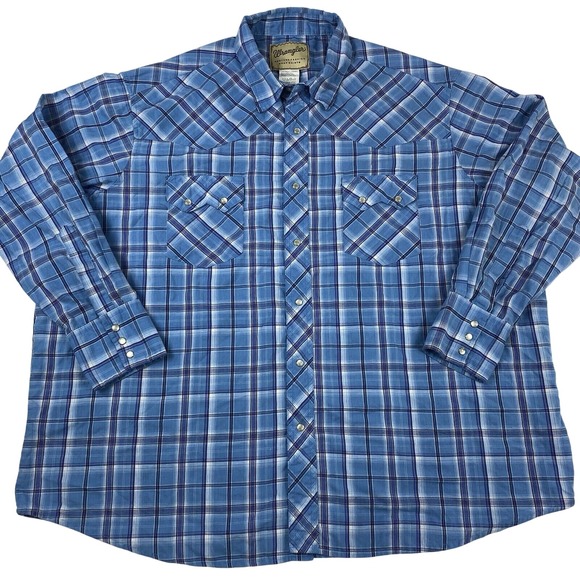 Wrangler Western‎ Shirt Pearl Snap Blue Plaid Soft Sawtooth Pockets 2XL 29"x31" - Picture 1 of 6
